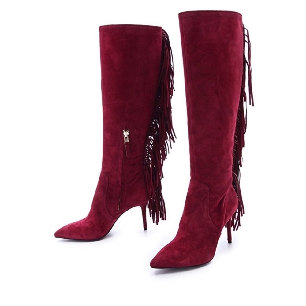 $750 Brian Atwood Suede Fringe Knee-High Heel Boots Wine Maroon 7.5